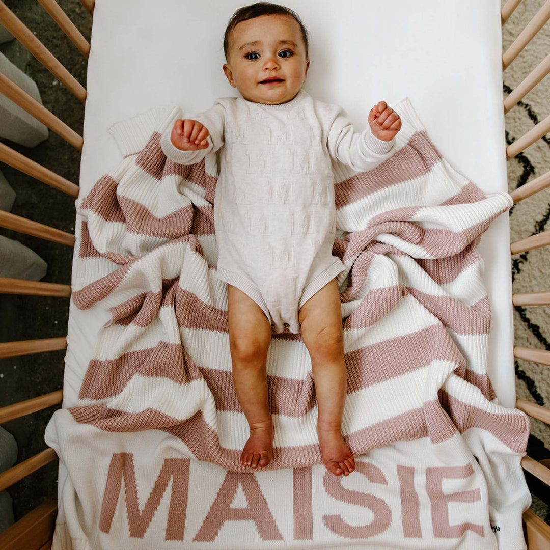 Hamptons Stripe Name Blanket in Ballet Pink - personalised and made to order by Namely Co