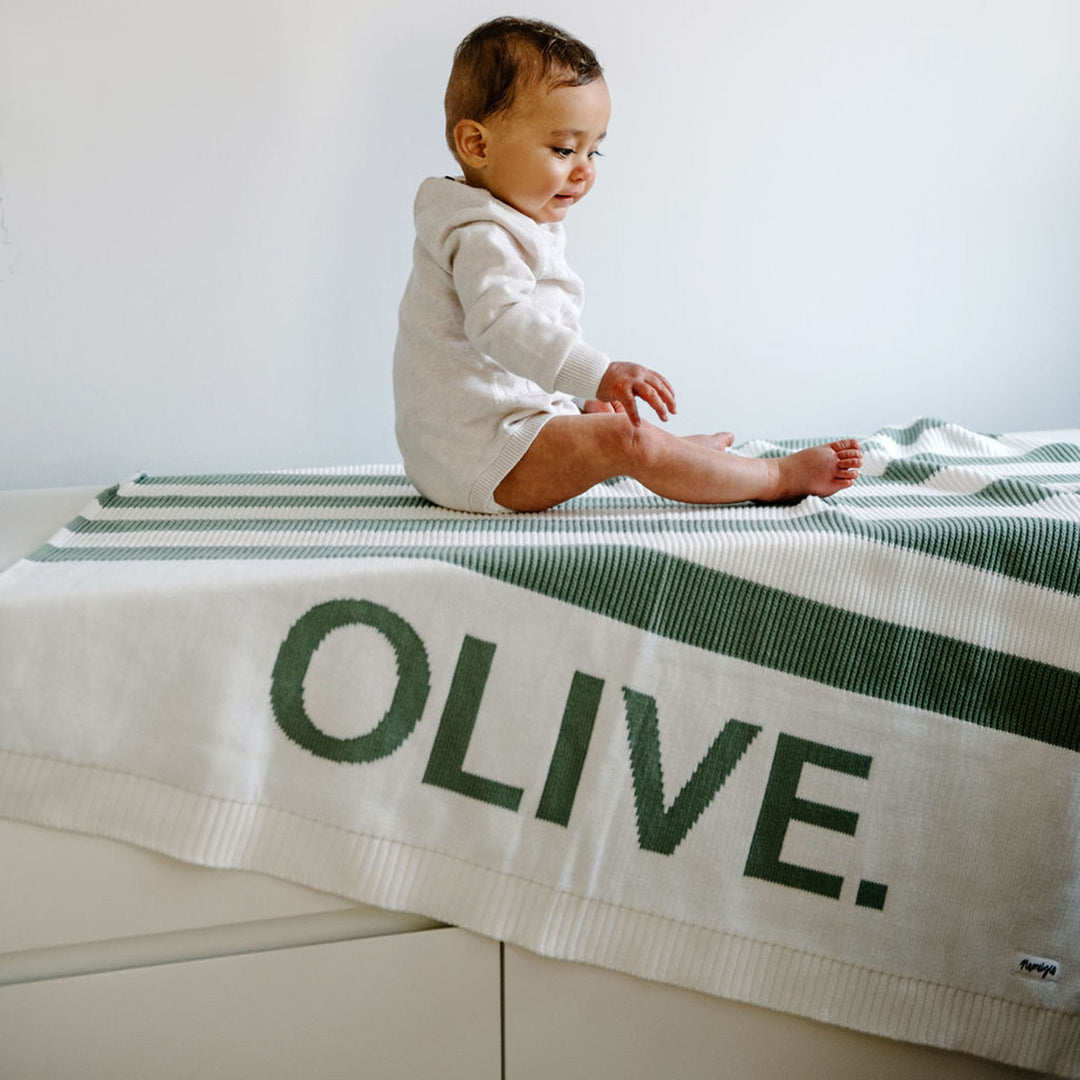 Hamptons Stripe Name Blanket in Lily Pad - personalised and made to order by Namely Co, view 3