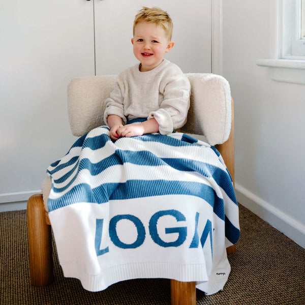 Hamptons Stripe Name Blanket - Denim Blue