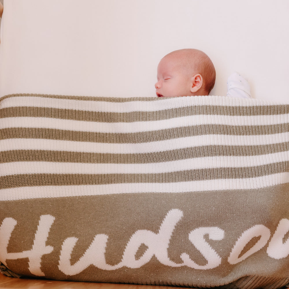 
                  
                    Load image into Gallery viewer, Chunky Knit Stripe Avocado Personalised Name Blanket
                  
                