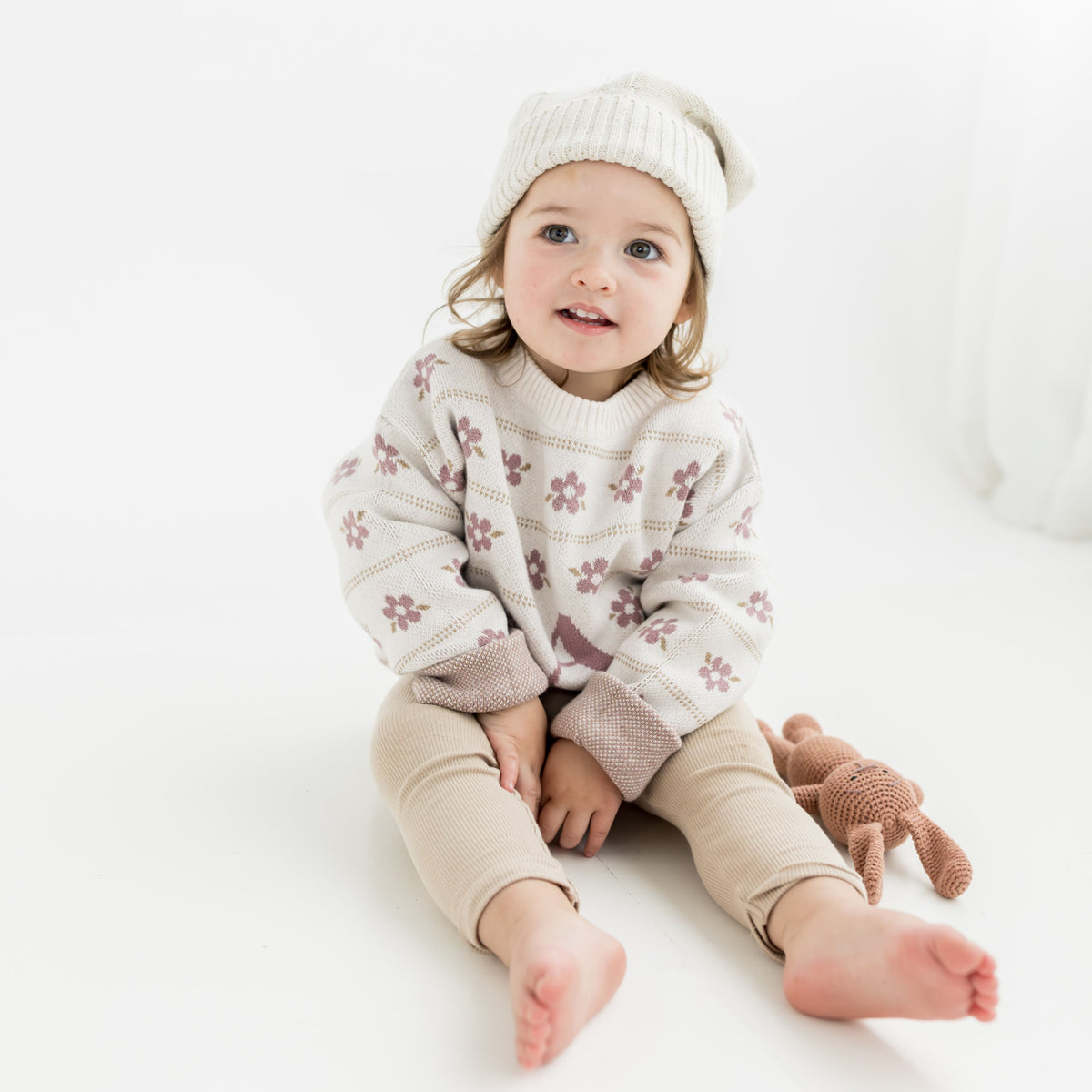 Letter Beanie in Floral Oatmeal & Rose Bloom - personalised and made to order by Namely Co, view 2