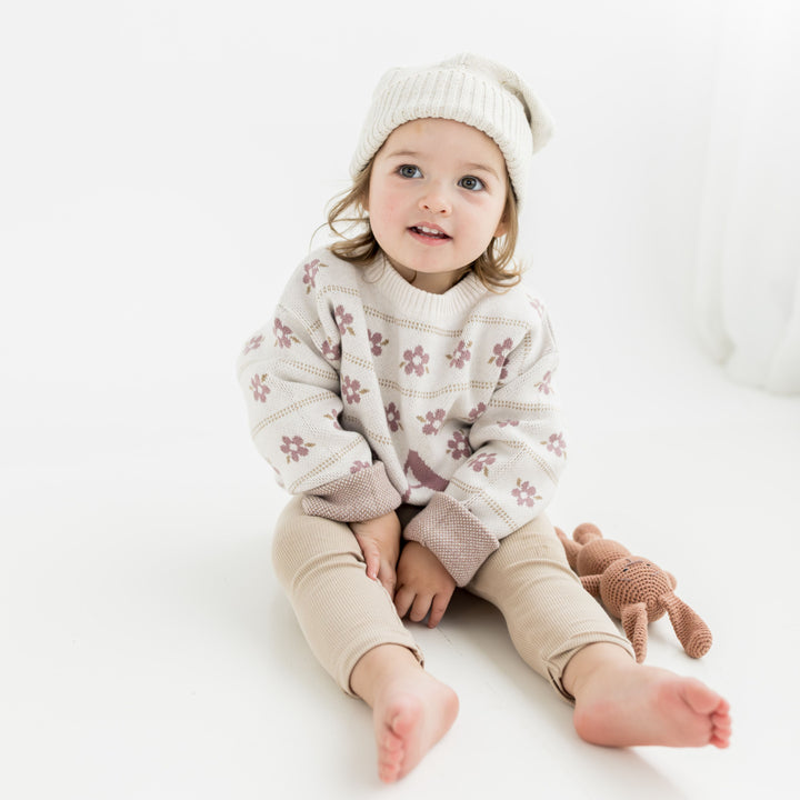 Letter Beanie in Floral Oatmeal &amp; Rose Bloom - personalised and made to order by Namely Co, view 2