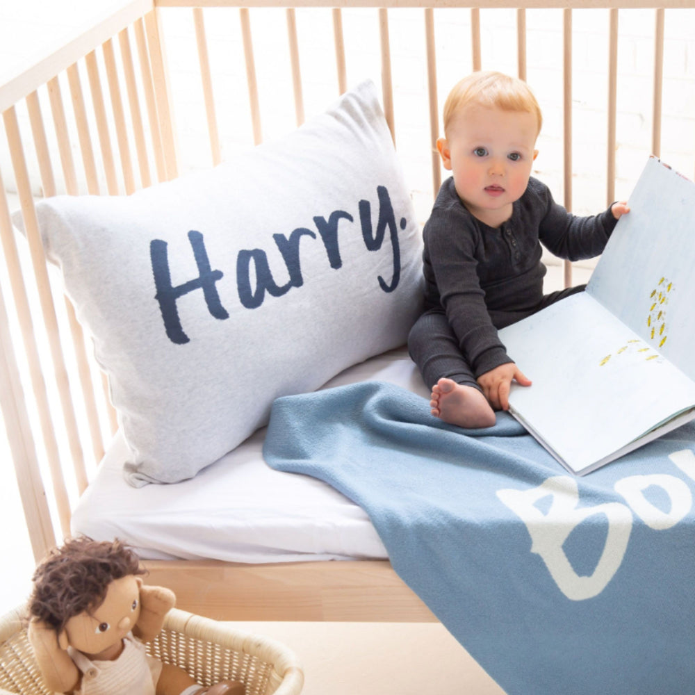 
                  
                    Load image into Gallery viewer, Snow Marle &amp;amp; Ombré Blue Name Pillowcase
                  
                