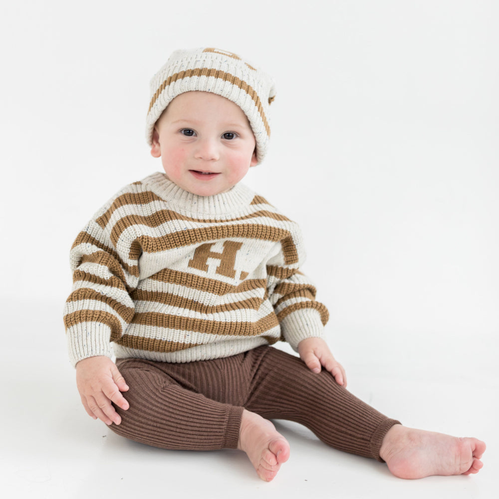 
                  
                    Load image into Gallery viewer, Alphabet Stripe Jumper Heated Camel
                  
                