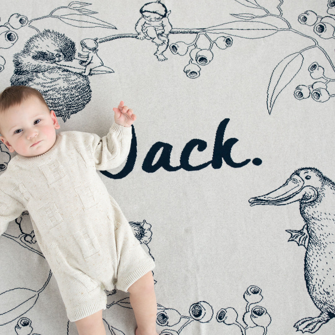 Classic Name Blanket - May Gibbs in Stone Marl &amp; Navy - personalised and made to order by Namely Co