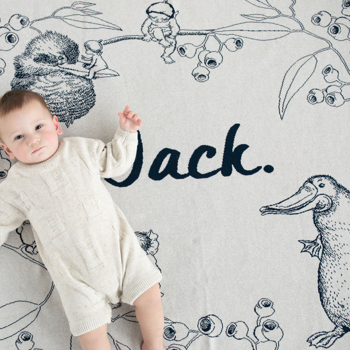Classic Name Blanket - May Gibbs in Stone Marl &amp; Navy - personalised and made to order by Namely Co