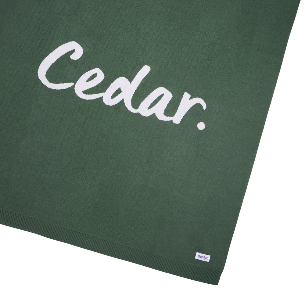 
                  
                    Load image into Gallery viewer, Green blanket personalised with name &amp;#39;Cedar&amp;#39; in Ivory. Name is knitted into the blanket.
                  
                