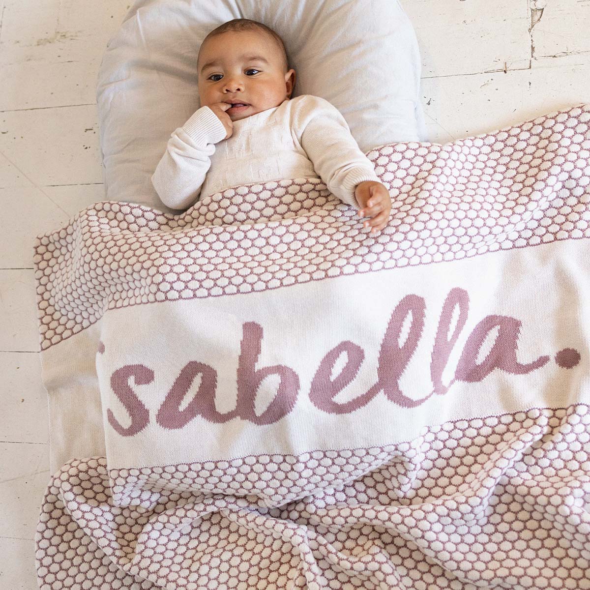Chunky Bubble Name Blanket in Rose Bloom - personalised and made to order by Namely Co, view 2