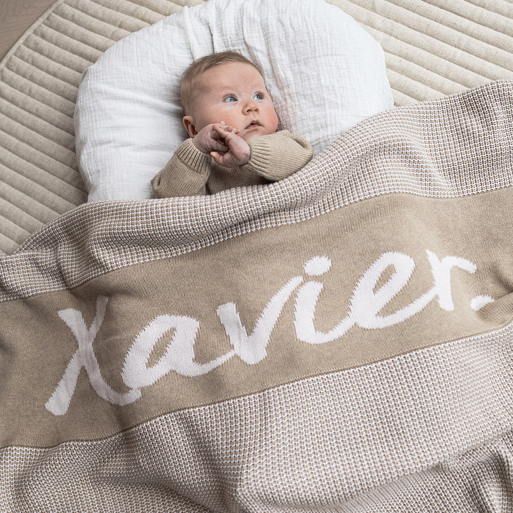 Chunky Two Tone Name Blanket in Light Camel - personalised and made to order by Namely Co