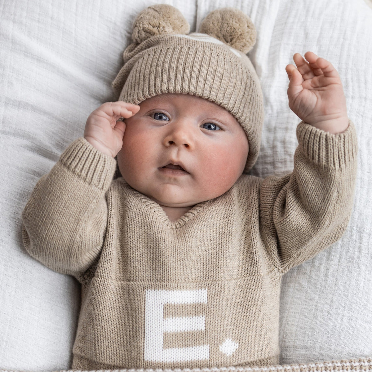 Double Pom Pom Beanie in Light Camel - personalised and made to order by Namely Co