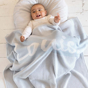 
                  
                    Load image into Gallery viewer, Chunky Two Tone Name Blanket - Powder Blue
                  
                