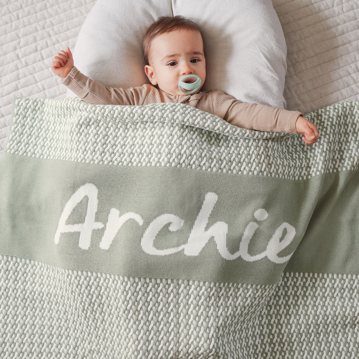 Herringbone Name Blanket in Desert Sage - personalised and made to order by Namely Co
