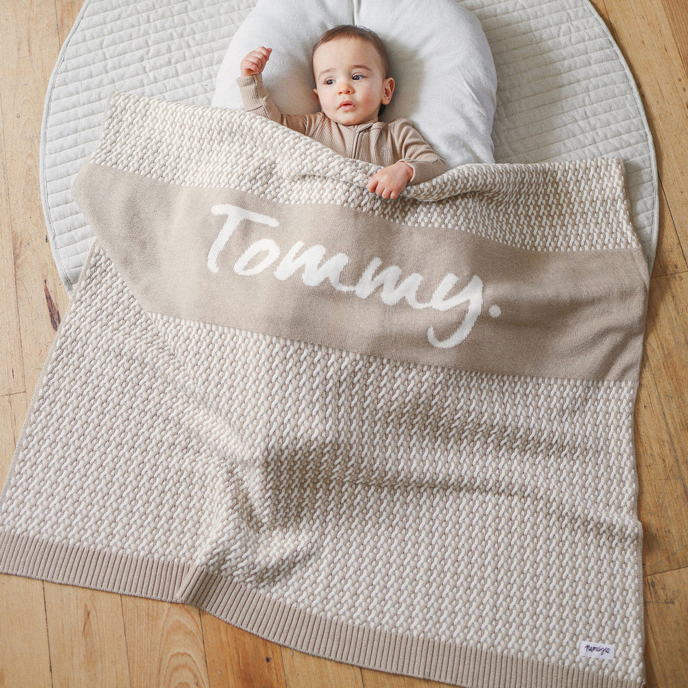 
                  
                    Load image into Gallery viewer, Herringbone Name Blanket - Light Camel
                  
                