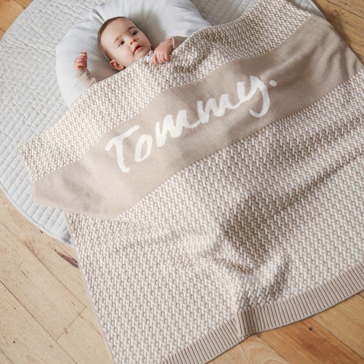 Herringbone Name Blanket in Light Camel - personalised and made to order by Namely Co