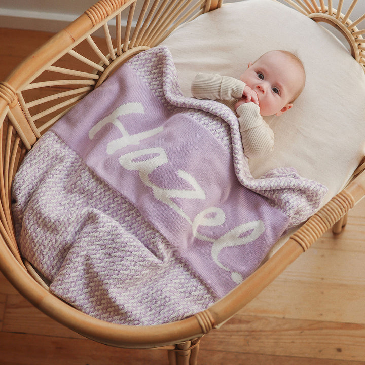 Herringbone Name Blanket in Lilac Snow - personalised and made to order by Namely Co