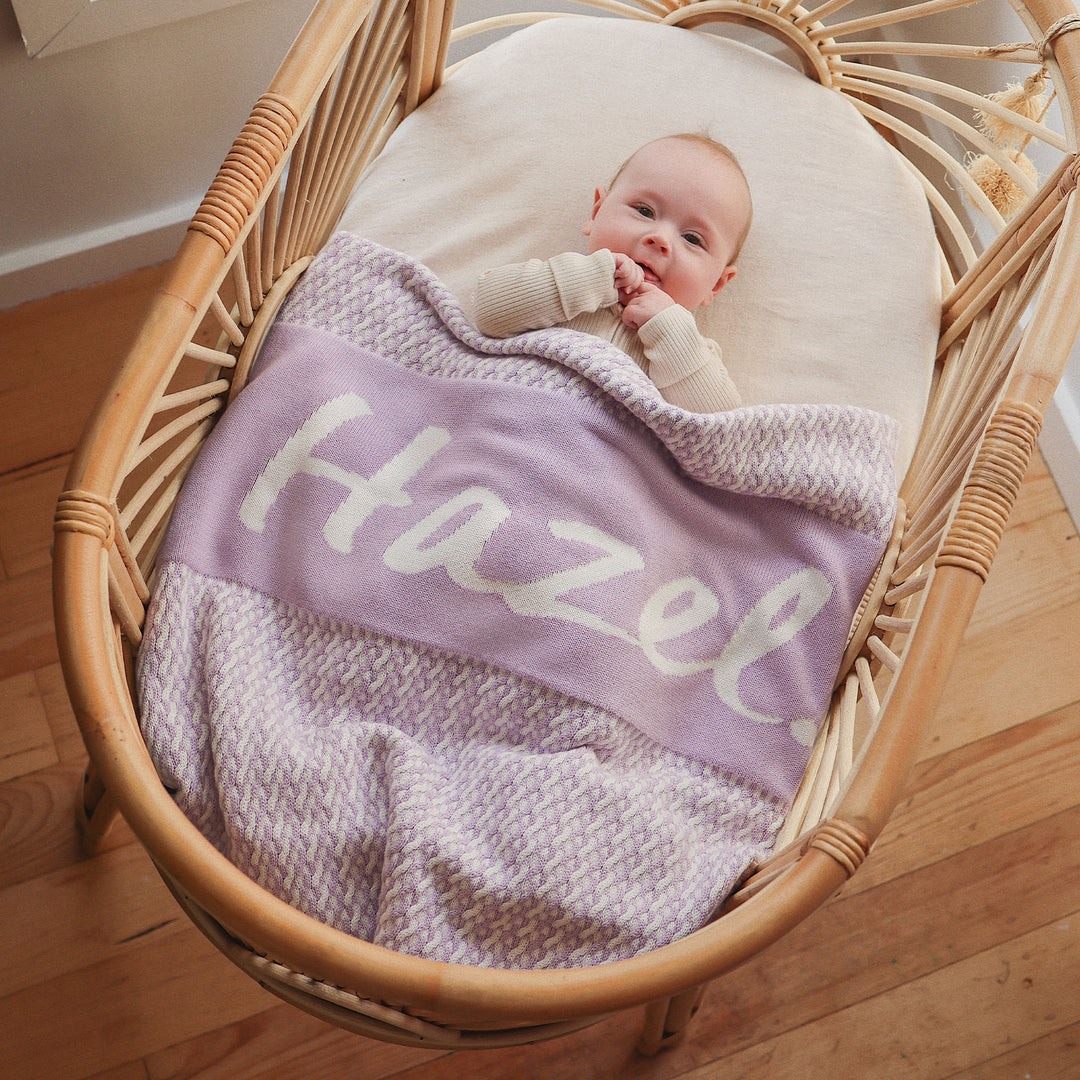 Herringbone Name Blanket in Lilac Snow - personalised and made to order by Namely Co, view 2