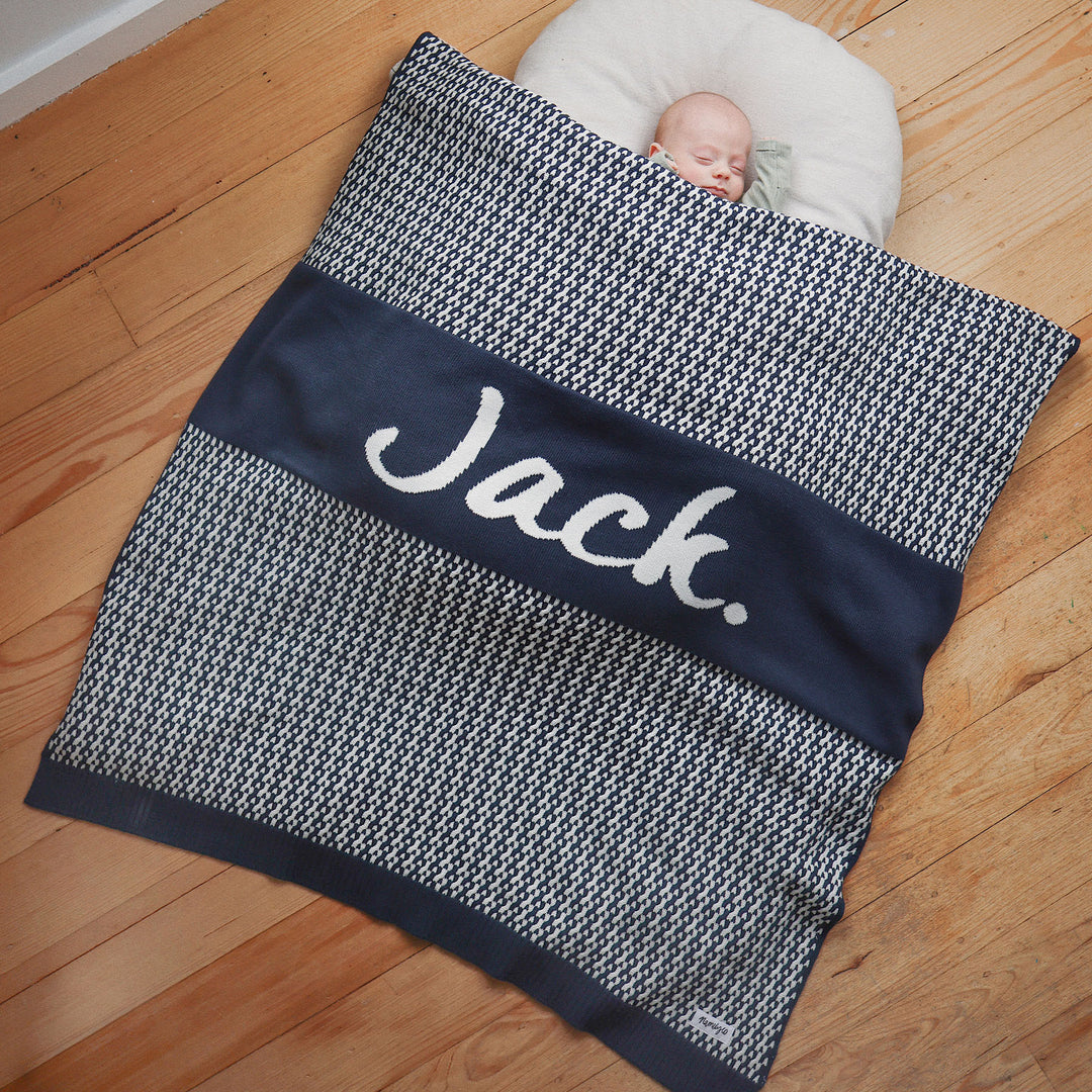 Herringbone Name Blanket in Navy - personalised and made to order by Namely Co, view 5