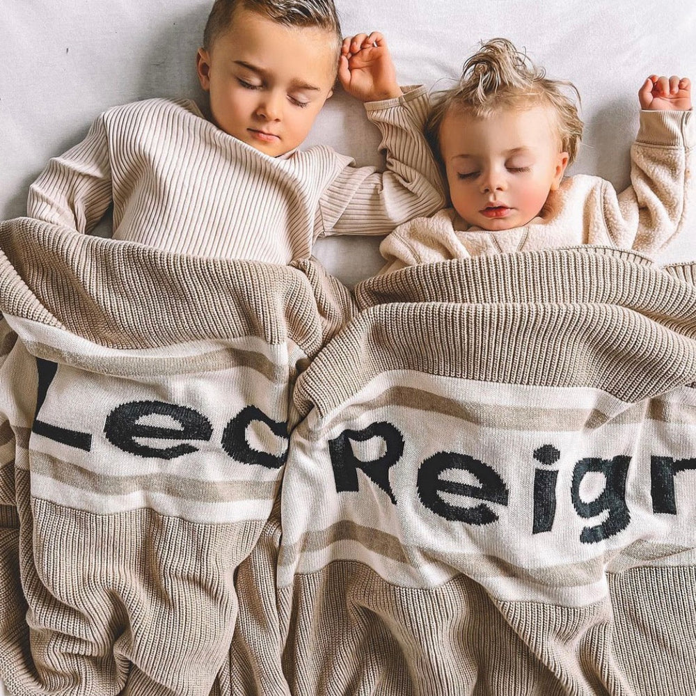 
                  
                    Load image into Gallery viewer, Chunky Knit Light Camel and Charcoal Personalised Name Blanket
                  
                