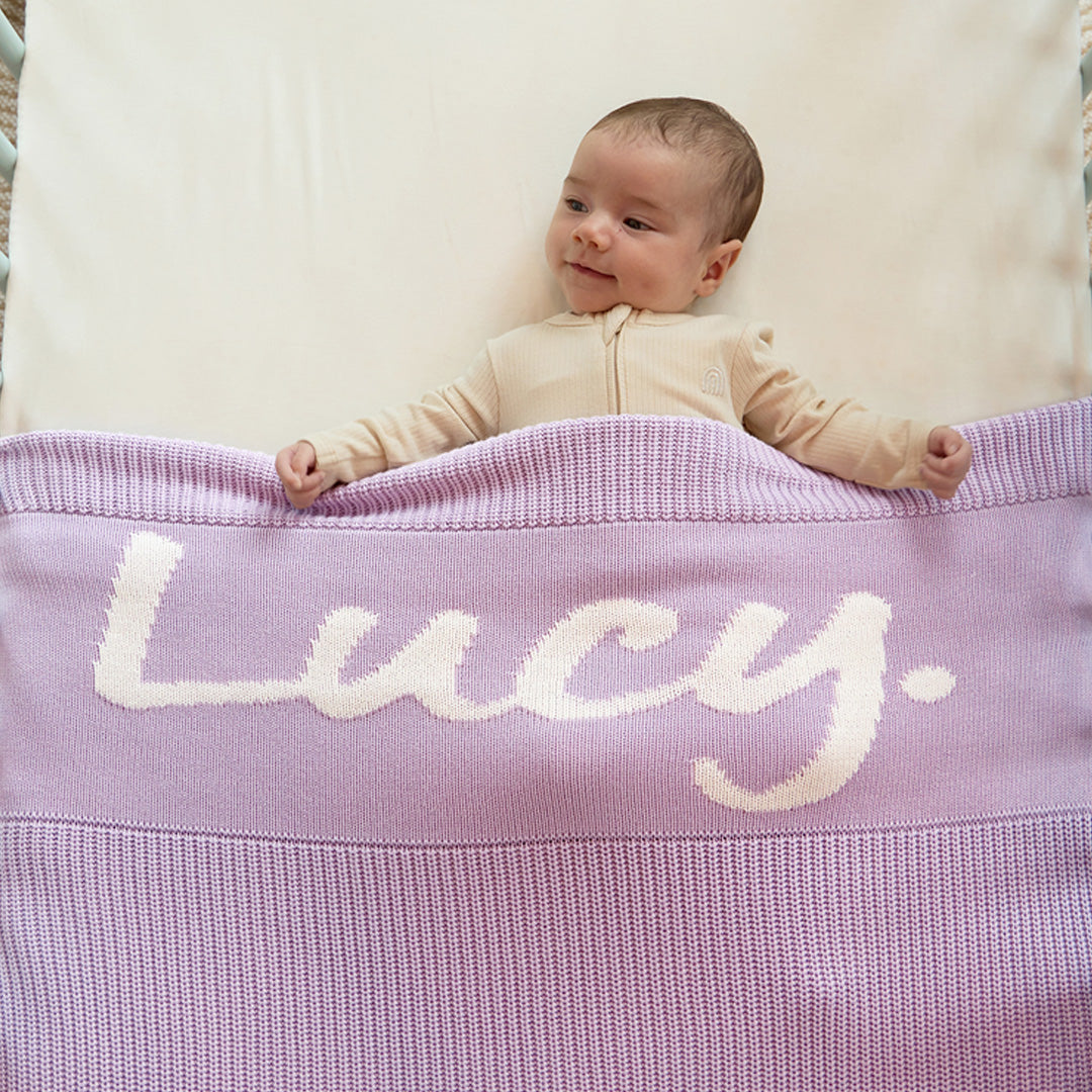 Chunky Knit Name Blanket in Lilac - personalised and made to order by Namely Co