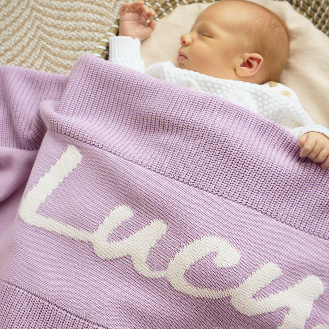 Chunky Knit Name Blanket in Lilac - personalised and made to order by Namely Co, view 3