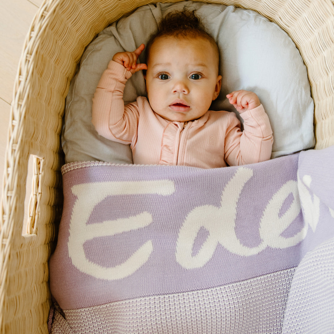 Chunky Two Tone Name Blanket in Lilac - personalised and made to order by Namely Co, view 3