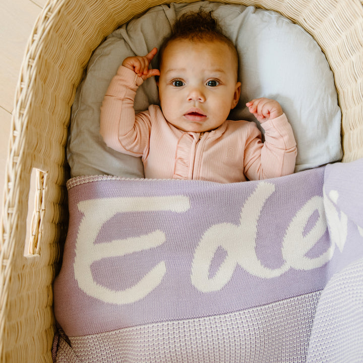 Chunky Two Tone Name Blanket in Lilac - personalised and made to order by Namely Co, view 3