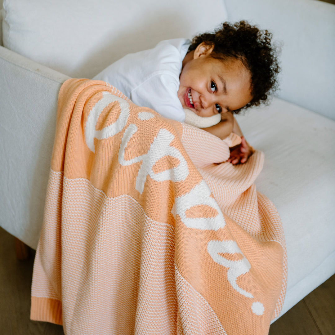 Chunky Two Tone Name Blanket in Peach Nougat - personalised and made to order by Namely Co, view 3