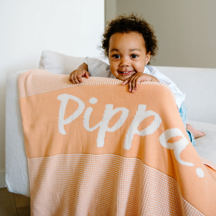 Chunky Two Tone Name Blanket in Peach Nougat - personalised and made to order by Namely Co, view 5