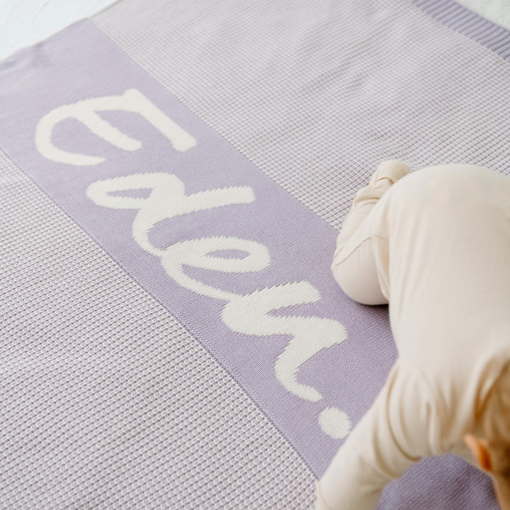 Chunky Two Tone Name Blanket in Lilac - personalised and made to order by Namely Co, view 4