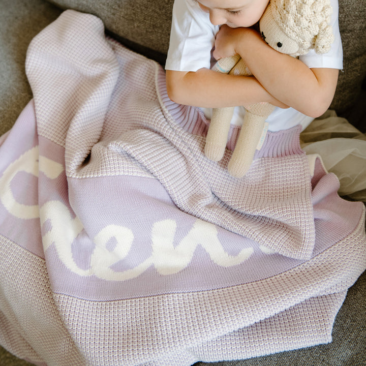 Chunky Two Tone Name Blanket in Lilac - personalised and made to order by Namely Co, view 5