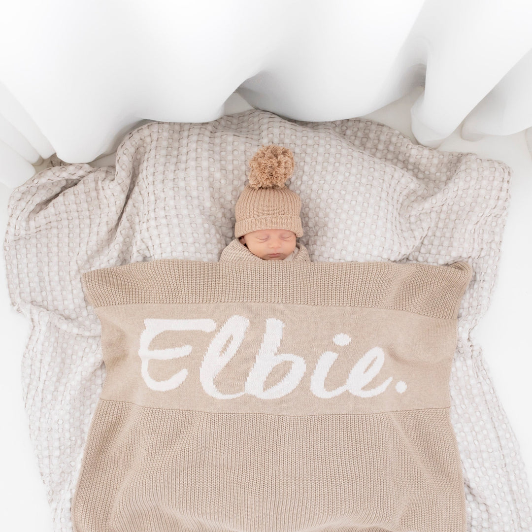 Chunky Knit Name Blanket in Light Camel - personalised and made to order by Namely Co, view 2