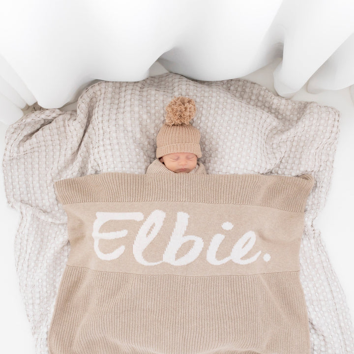 Chunky Knit Name Blanket in Light Camel - personalised and made to order by Namely Co, view 2