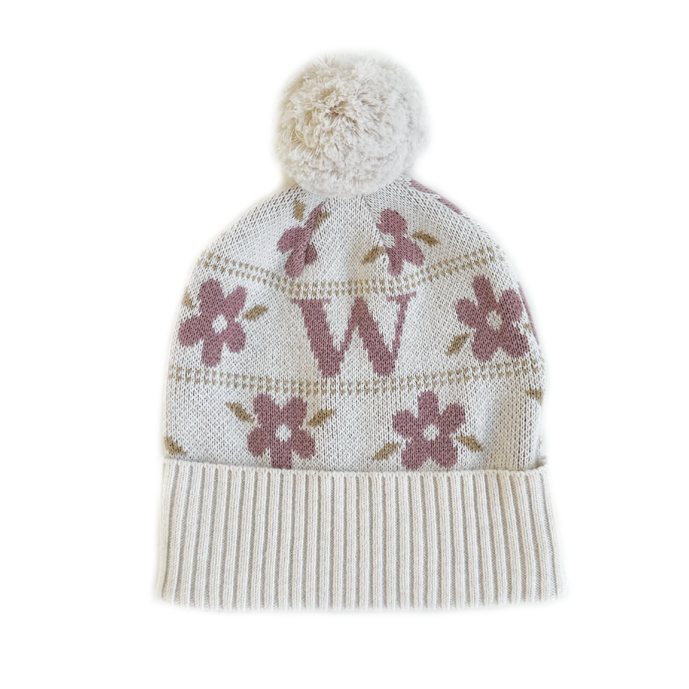 Letter Beanie - Floral Oatmeal & Rose Bloom