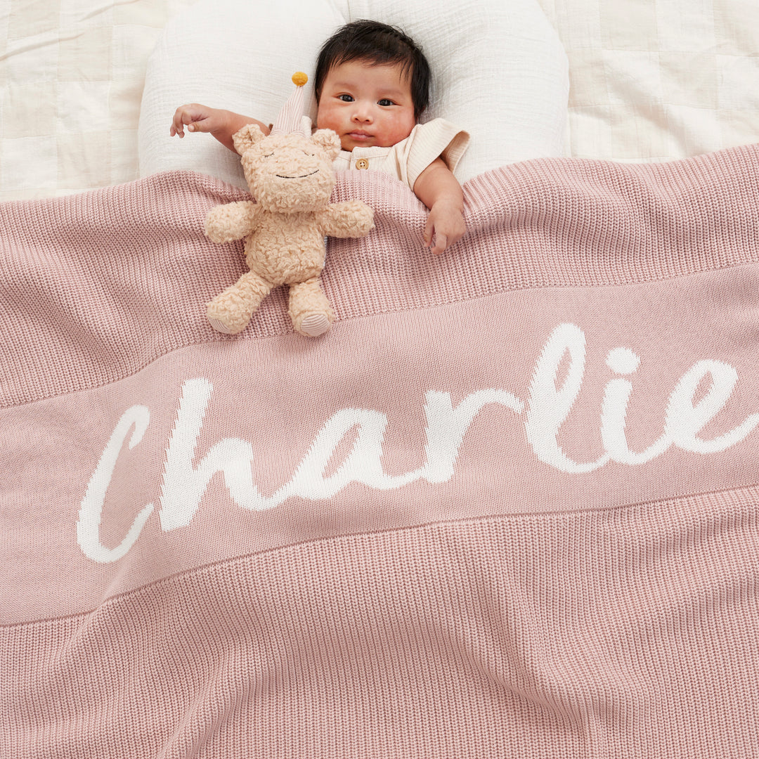 Chunky Knit Name Blanket in Ballet Pink - personalised and made to order by Namely Co, view 3