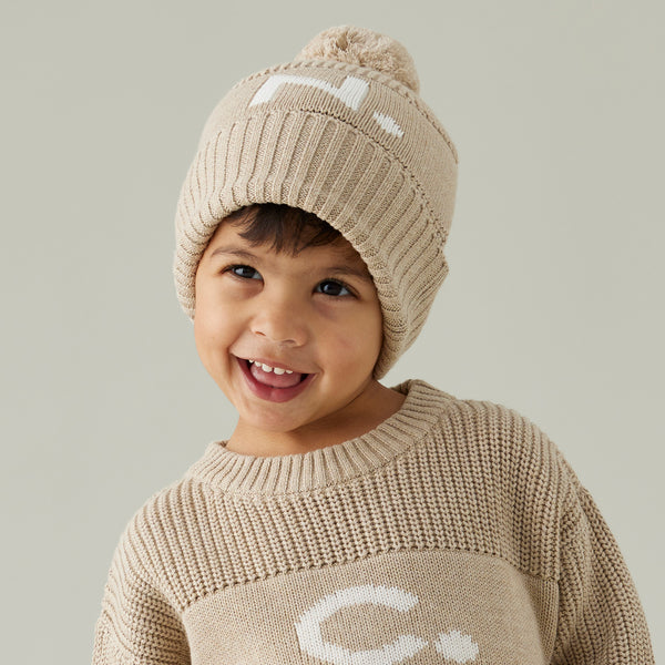 Chunky Knit Letter Beanie - Light Camel