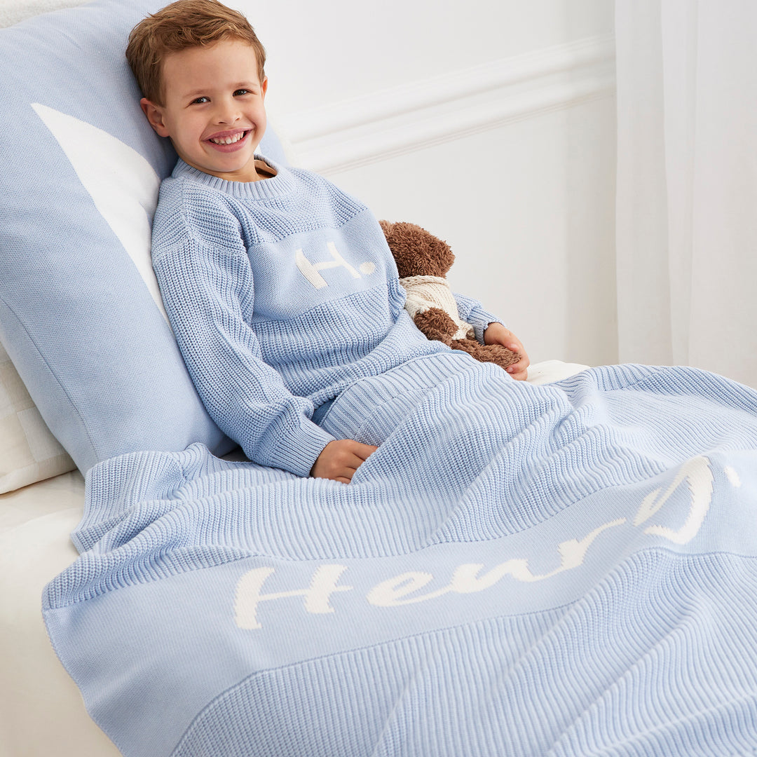 Chunky Knit Name Blanket in Kentucky Blue - personalised and made to order by Namely Co, view 4