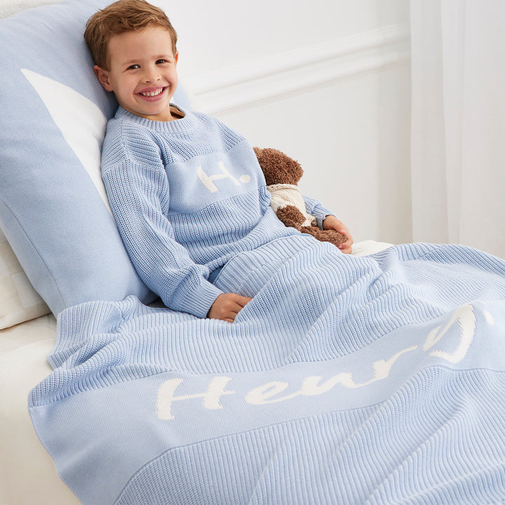 Chunky Knit Name Blanket in Kentucky Blue - personalised and made to order by Namely Co, view 4
