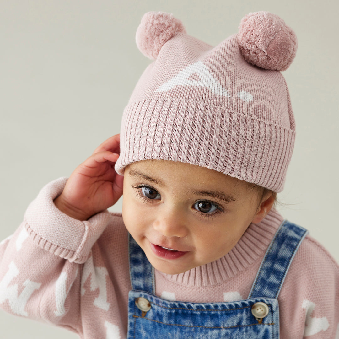 Double Pom Pom Beanie in Ballet Pink - personalised and made to order by Namely Co