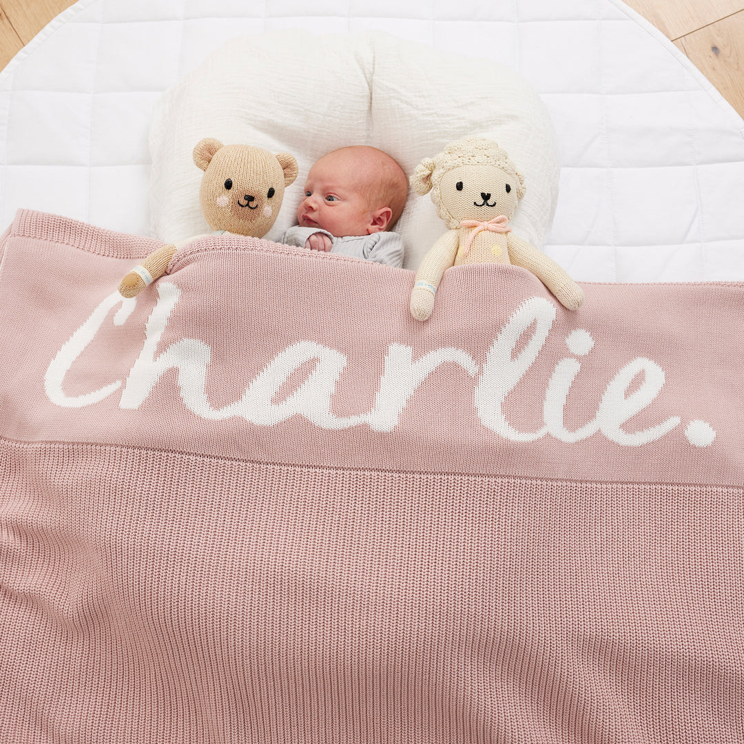 Chunky Knit Name Blanket in Ballet Pink - personalised and made to order by Namely Co