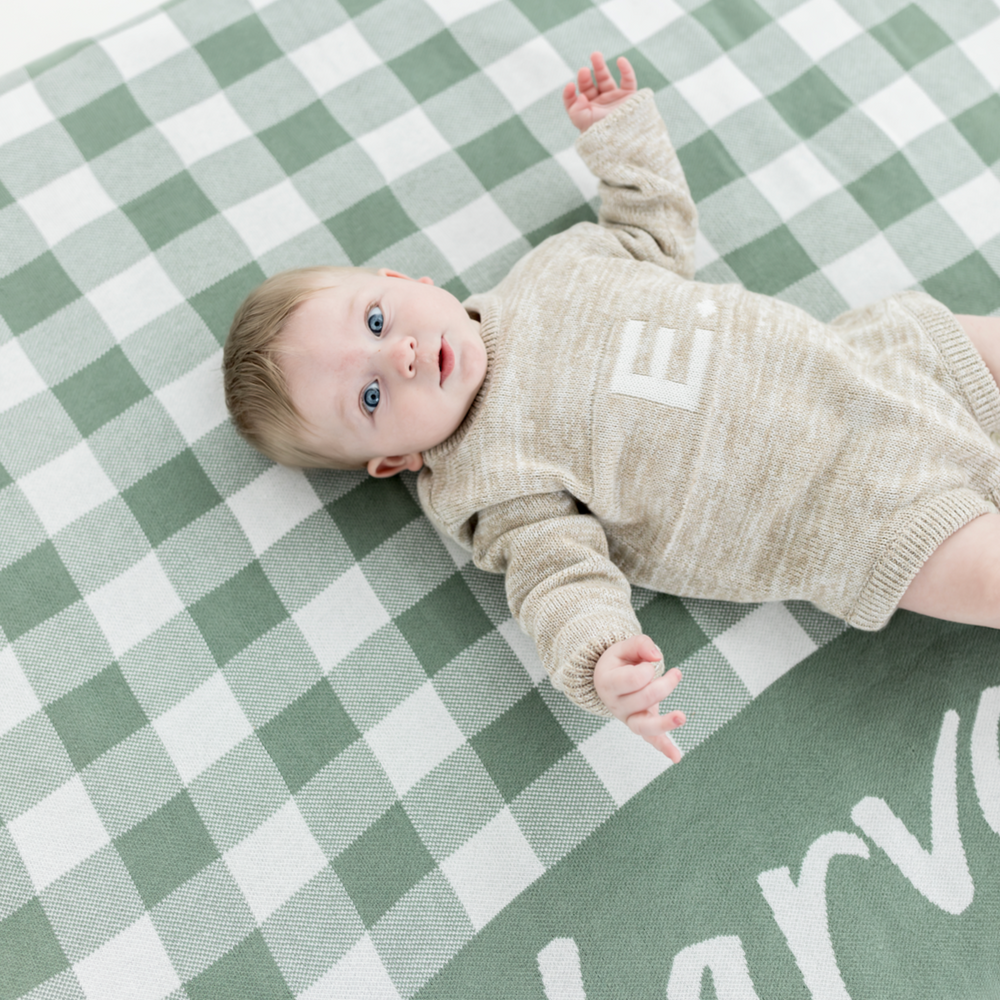
                  
                    Load image into Gallery viewer, Gingham Check Lily Pad &amp;amp; Ivory Personalised Name Blanket
                  
                