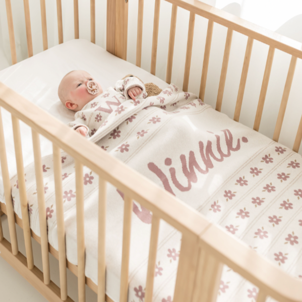 Name Blanket in Floral Oatmeal &amp; Rose Bloom - personalised and made to order by Namely Co