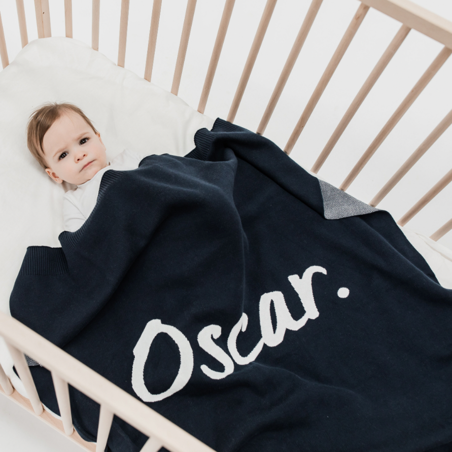
                  
                    Load image into Gallery viewer, Indigo Navy &amp;amp; Ivory Personalised Name Blanket
                  
                
