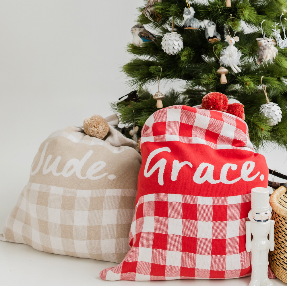 
                  
                    Load image into Gallery viewer, Gingham Red and Stone Marl Santa Sack
                  
                