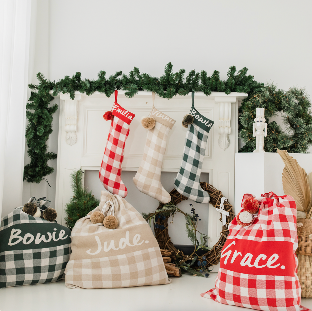 
                  
                    Load image into Gallery viewer, Gingham Dark Forest and Oatmeal Santa Sack
                  
                