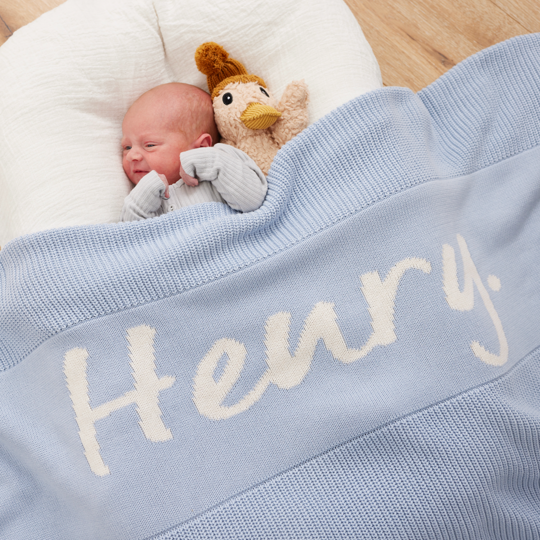Chunky Knit Name Blanket in Kentucky Blue - personalised and made to order by Namely Co, view 3