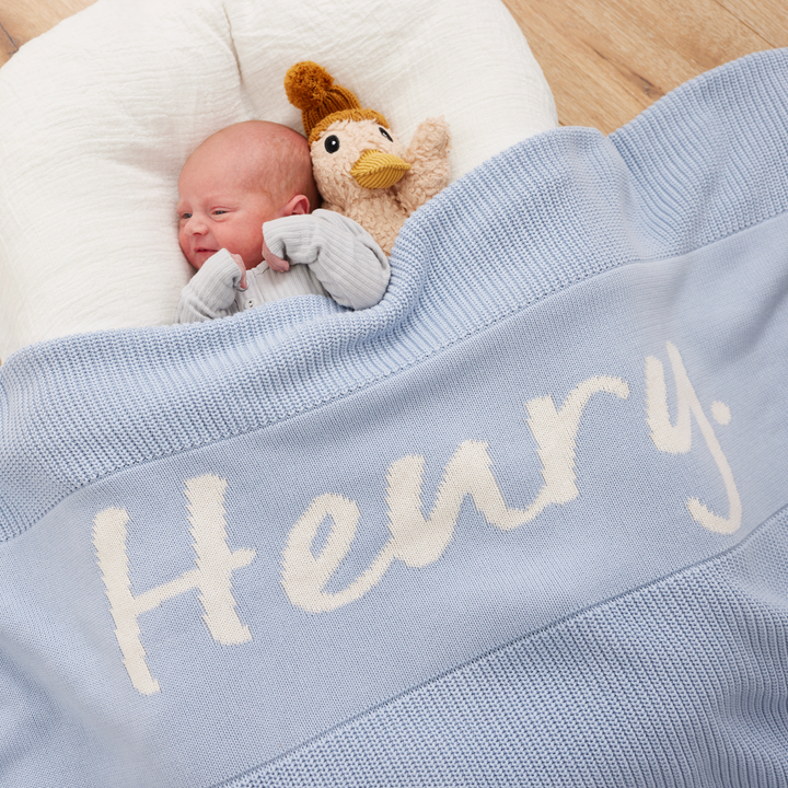 Chunky Knit Name Blanket in Kentucky Blue - personalised and made to order by Namely Co, view 3