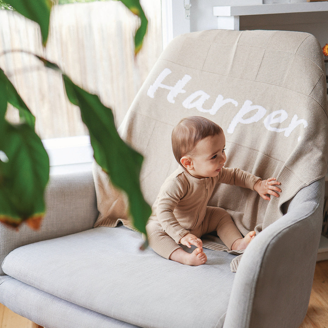 Checkerboard Name Blanket in Light Camel - personalised and made to order by Namely Co, view 2