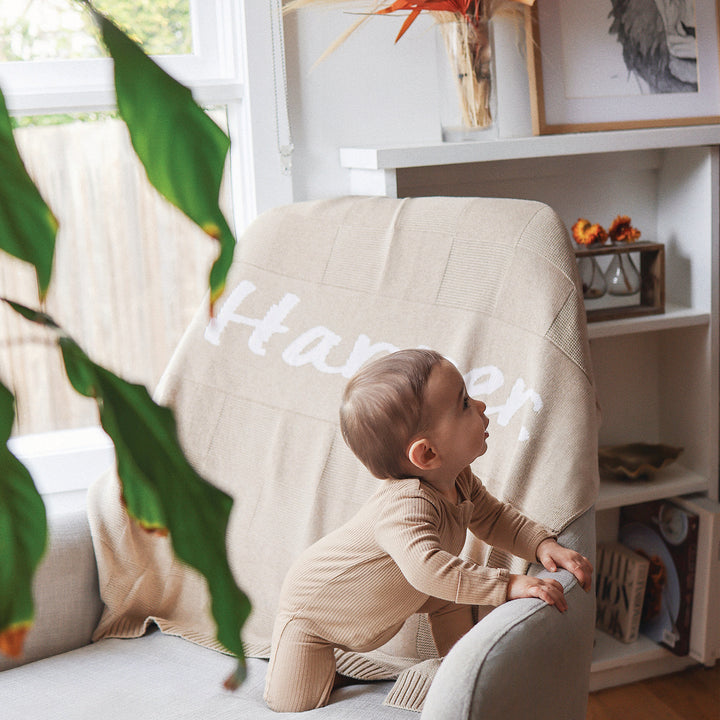 Checkerboard Name Blanket in Light Camel - personalised and made to order by Namely Co, view 4