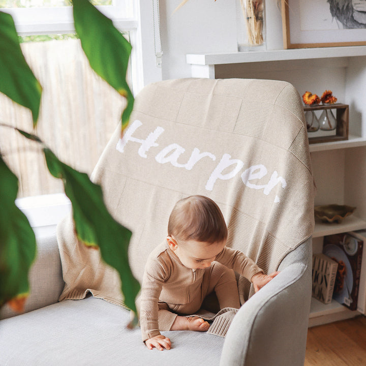 Checkerboard Name Blanket in Light Camel - personalised and made to order by Namely Co, view 10