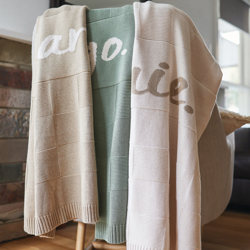 
                  
                    Load image into Gallery viewer, Checkerboard Name Blanket - Oatmeal
                  
                